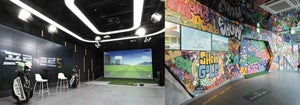 From left: A typical simulator bay at Golfzon in Seoul’s Gangnam neighborhood; the trippy interior at ShowGolf, a magnet for South Korea’s younger golfers