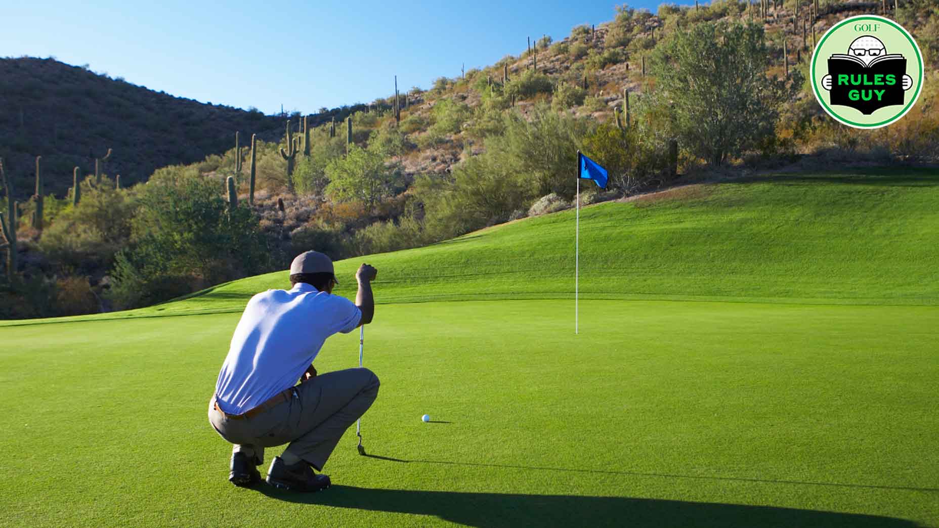 Male golfer lining up a putt on the golf course - stock photo