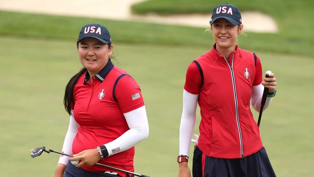 Allisen Corpuz and Nelly Korda during their foursomes match on Friday at the Solheim Cup.