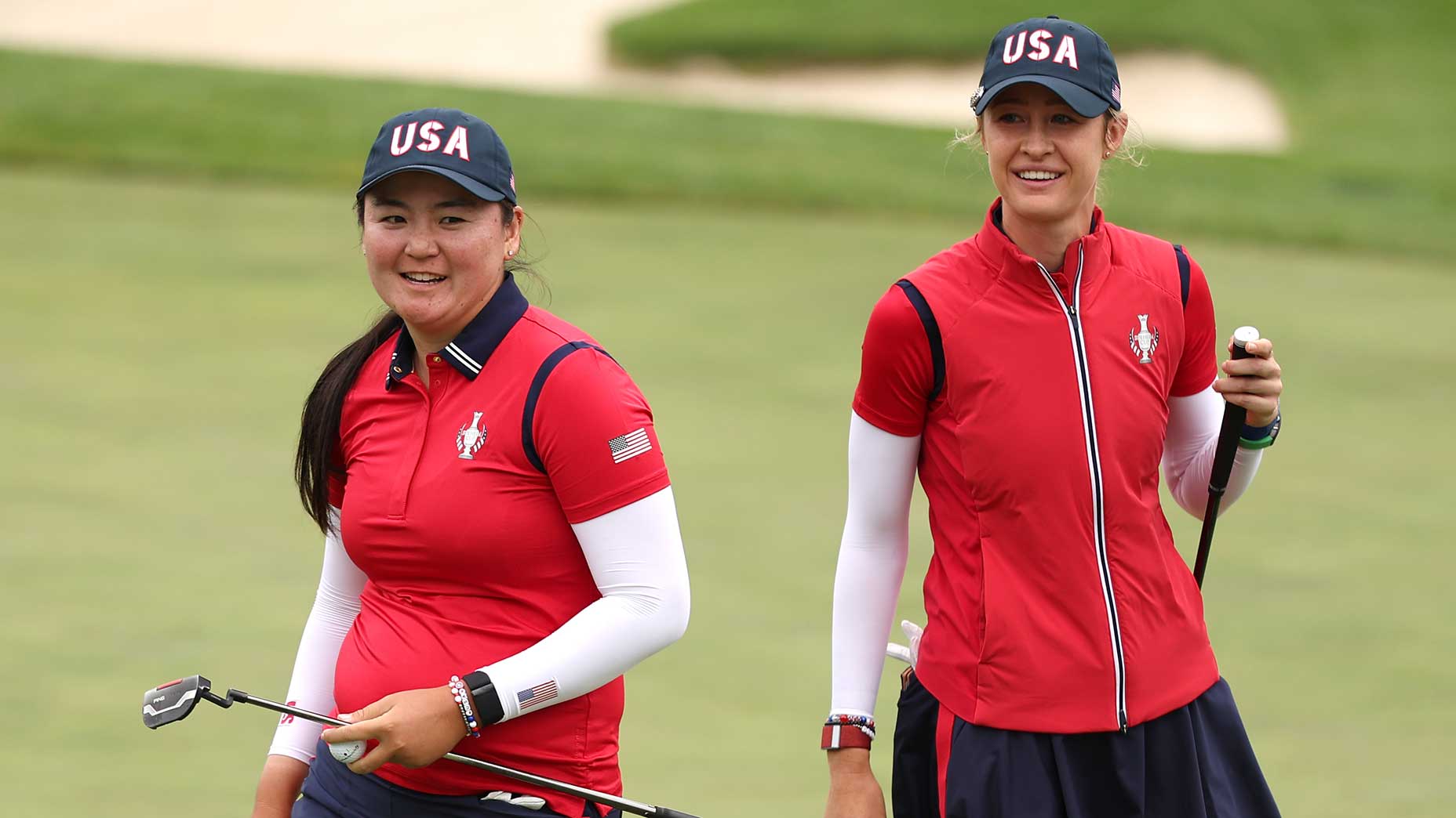 Allisen Corpuz and Nelly Korda during their foursomes match on Friday at the Solheim Cup.