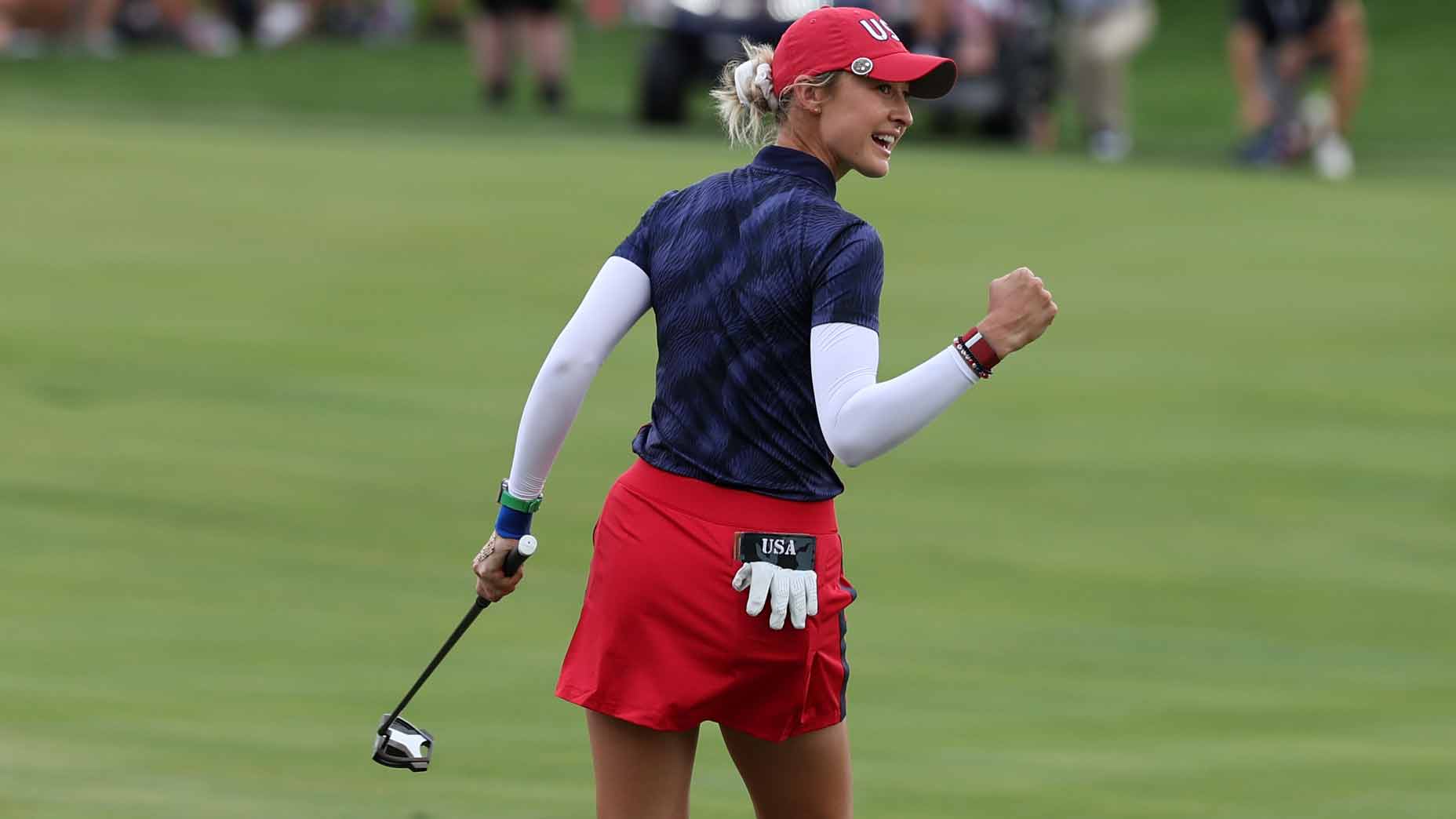 nelly korda fist pumps during Day 1 of the 2024 solheim cup