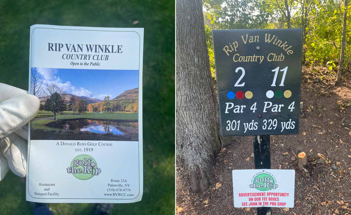 Scorecard and hole sign at Rip Van Winkle Country Club.