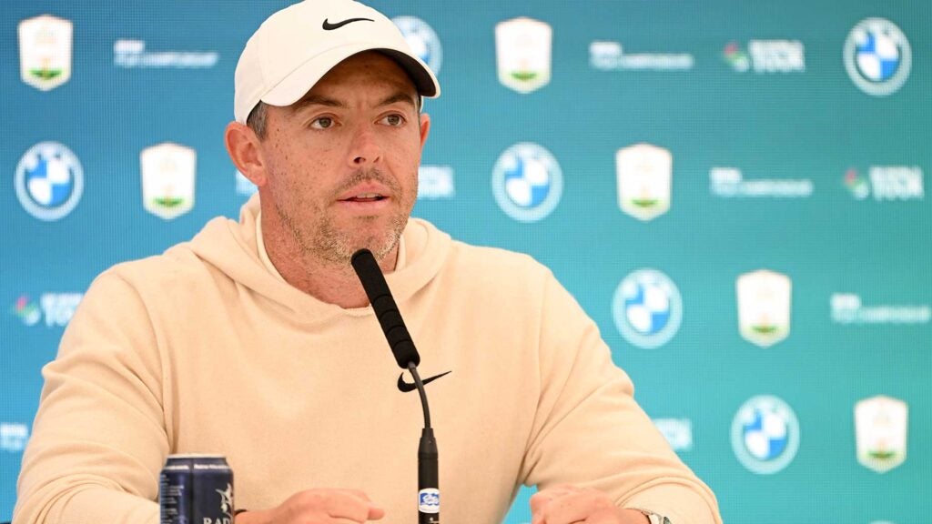 Rory McIlroy speaks with the media at the BMW PGA Championship at Wentworth Club on Wednesday in Virginia Water, England.