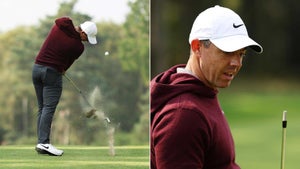 Rory McIlroy plays his second shot on the 12th hole as his club head breaks during day one of the 2024 BMW PGA Championship at Wentworth Club.