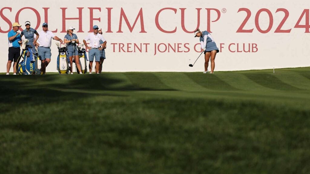 members of team europe tee off during thursday practice rounds ahead of the 2024 solheim cup