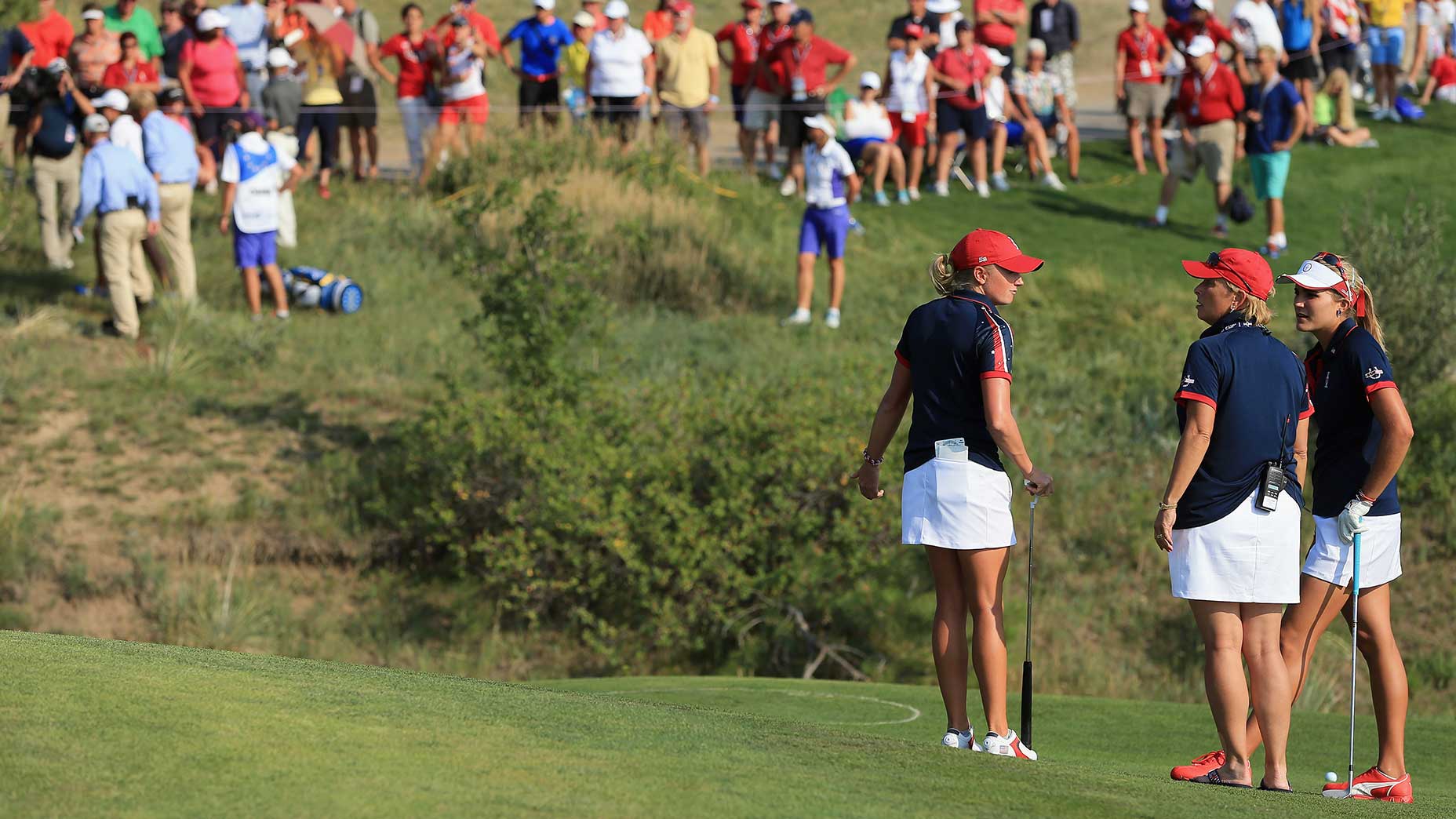 Stacy Lewis, Dottie Pepper and Lexi Thompson wait for a ruling during the 2013 Solheim Cup.