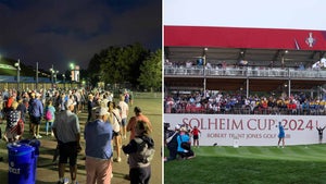 fans wait in line for shuttle busses / grandstands for opening tee shots at solheim cup