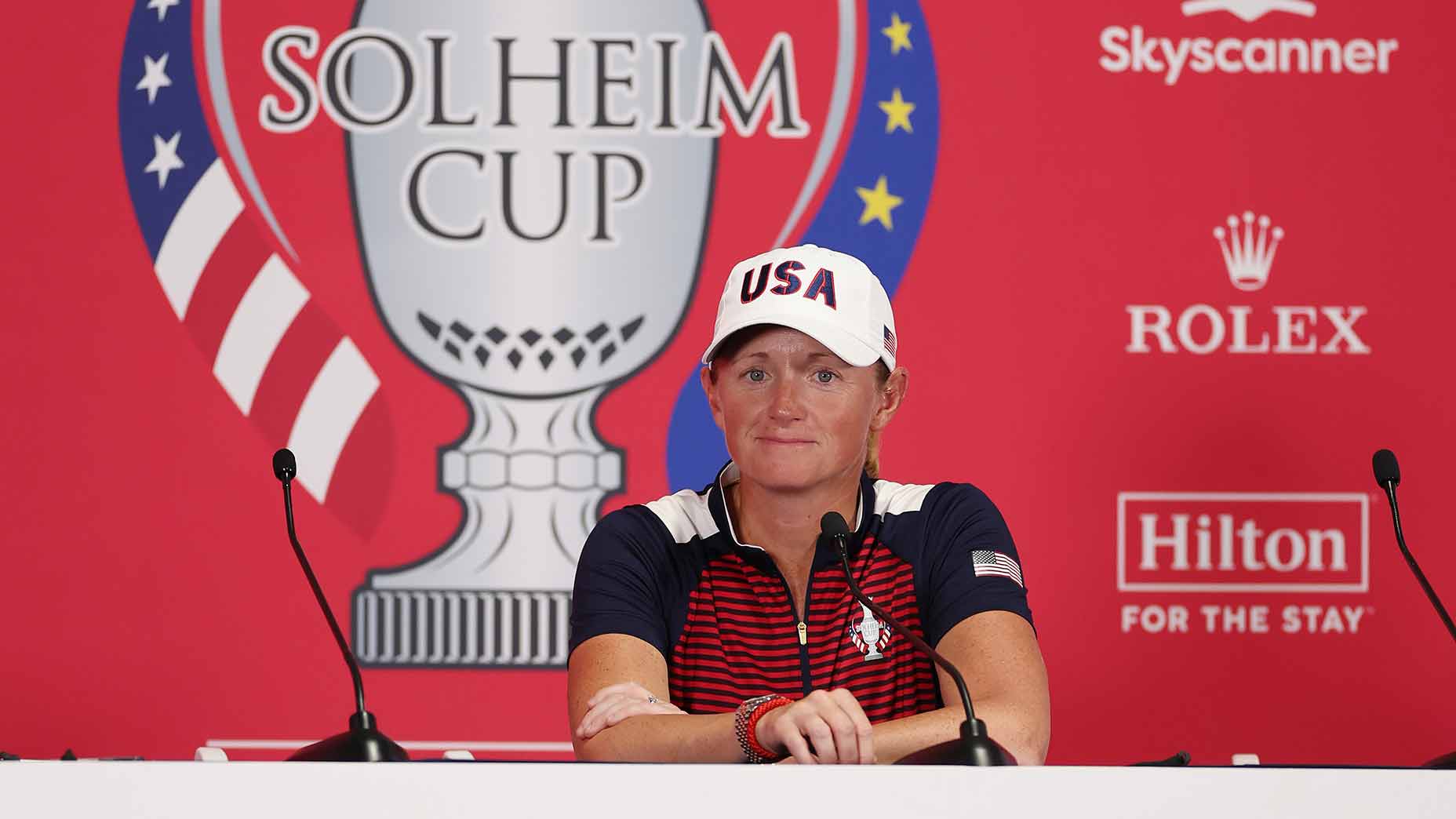 2024 U.S. Solheim Cup captain Stacy Lewis talks to reporters on Wednesday at Robert Trent Jones Golf Club.