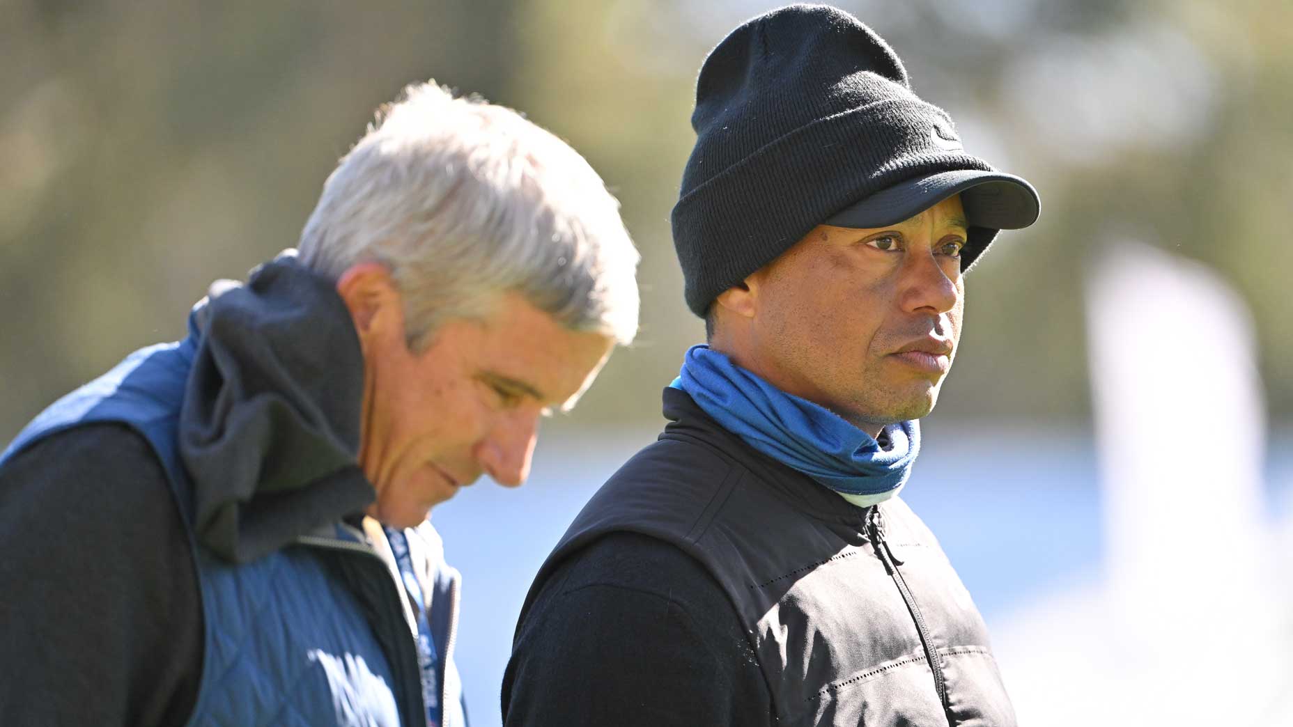 Jay Monahan and Tiger Woods chat together during Wednesday's Pro-AM, ahead of the 2023 Genesis Invitational at Riviera Country Club.