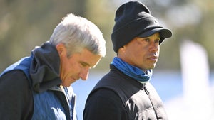 Jay Monahan and Tiger Woods talk together during the Wednesday Pro-AM, prior to The 2023 Genesis Invitational at Riviera Country Club.