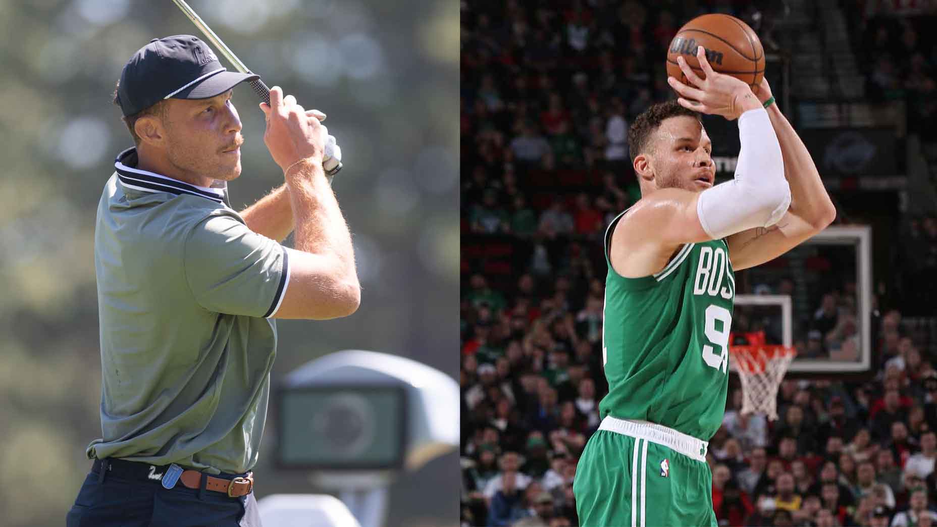 Blake griffin swinging a golf club and shooting a basketball