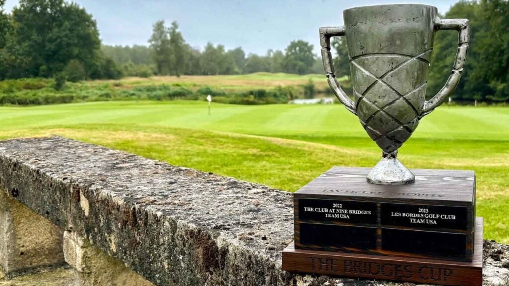 Bridges Cup trophy sitting on ledge at golf course