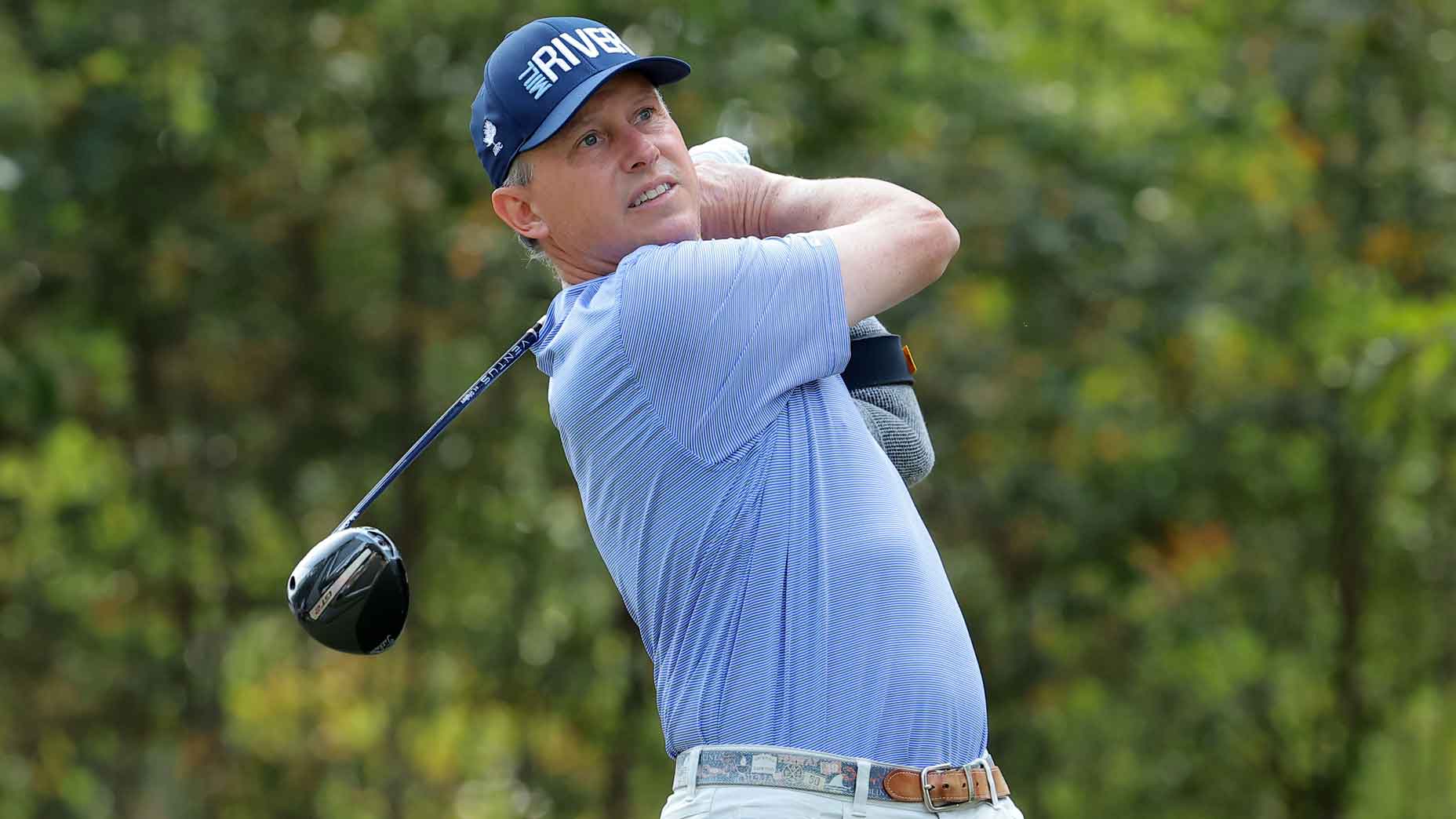 PGA Tour Champions golfer Jason Caron hits a tee shot on the fourth hole during the third round of the Simmons Bank Championship 2024 at Pleasant Valley Country Club on October 27, 2024 in Little Rock, Arkansas.