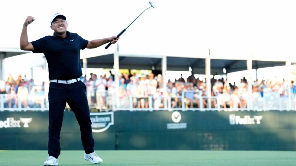 Kevin Yu of Chinese Taipei reacts to his winning putt on the 18th green during the first playoff hole during the final round of the Sanderson Farms Championship 2024 at the Country Club of Jackson on October 06, 2024 in Jackson, Mississippi.