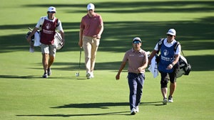 Davis Thompson and Kurt Kitayama of the United States walk on the ninth hole during the first round of the Shriners Children's Open 2024 at TPC Summerlin on October 17, 2024 in Las Vegas, Nevada.