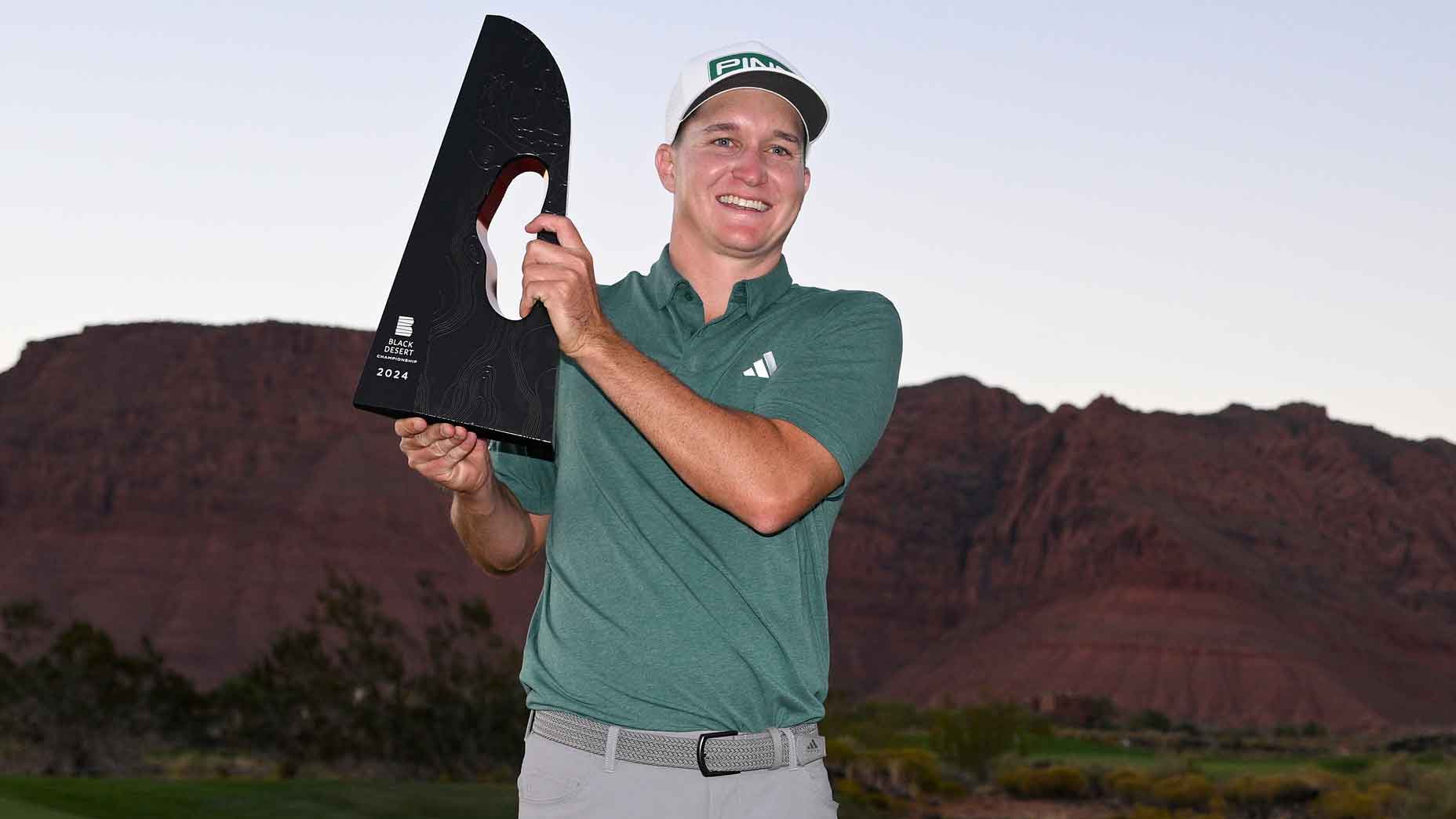 Matt McCarty of the United States poses with the trophy after winning the final round of the Black Desert Championship 2024 at Black Desert Resort on October 13, 2024 in St George, Utah.