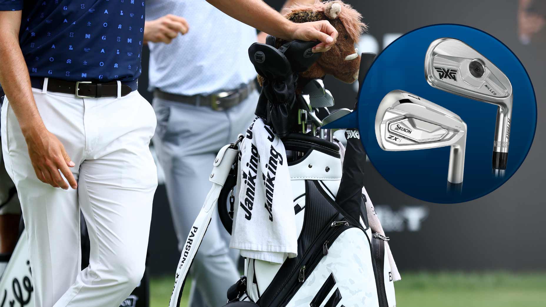 Images of NicoEchavarria's irons superimposed on an image of his golf bag.