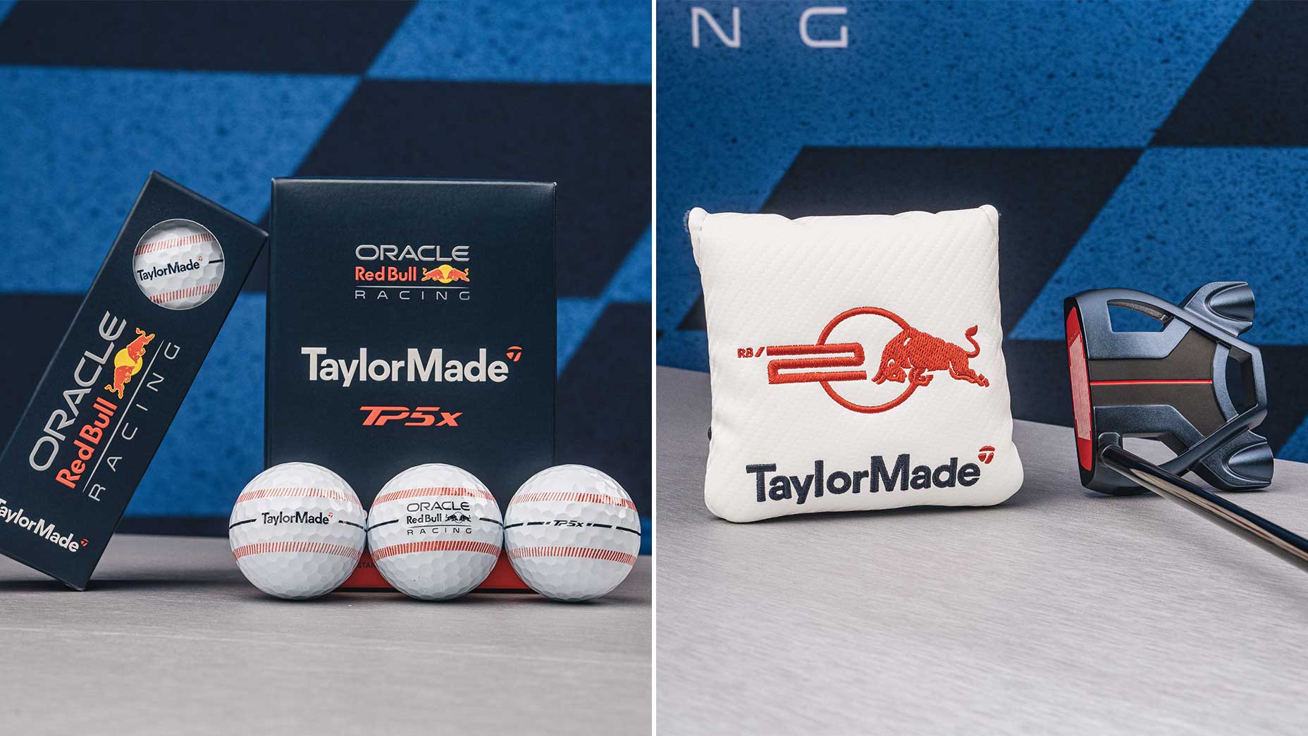 Images of the putter and golf balls in the latest collaboration between TaylorMade and Oracle Red Bull Racing.