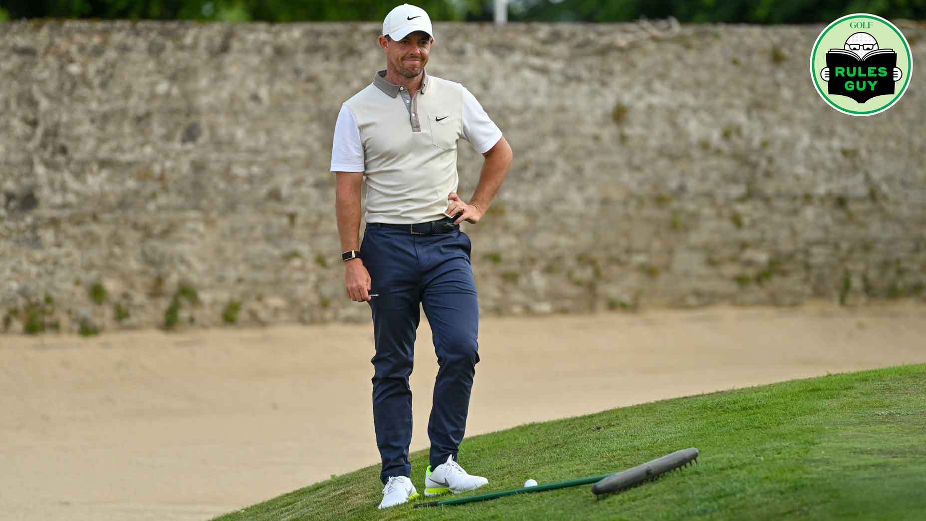 Rory McIlroy of Northern Ireland after his ball is wedged against a rake on the 16th hole during day one of the Dubai Duty Free Irish Open Golf Championship at Mount Juliet Golf Club in Thomastown, Kilkenny.