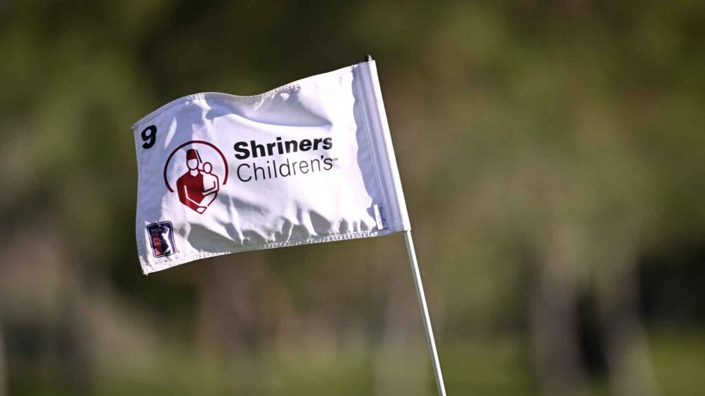 A Shriners Children's flag is seen on the ninth green is seen during the first round of the Shriners Children's Open 2024 at TPC Summerlin on October 17, 2024 in Las Vegas, Nevada.