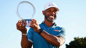 Tim O'Neal poses with the tournament trophy after winning the Dominion Energy Charity Classic 2024 at The Country Club of Virginia on October 20, 2024 in Richmond