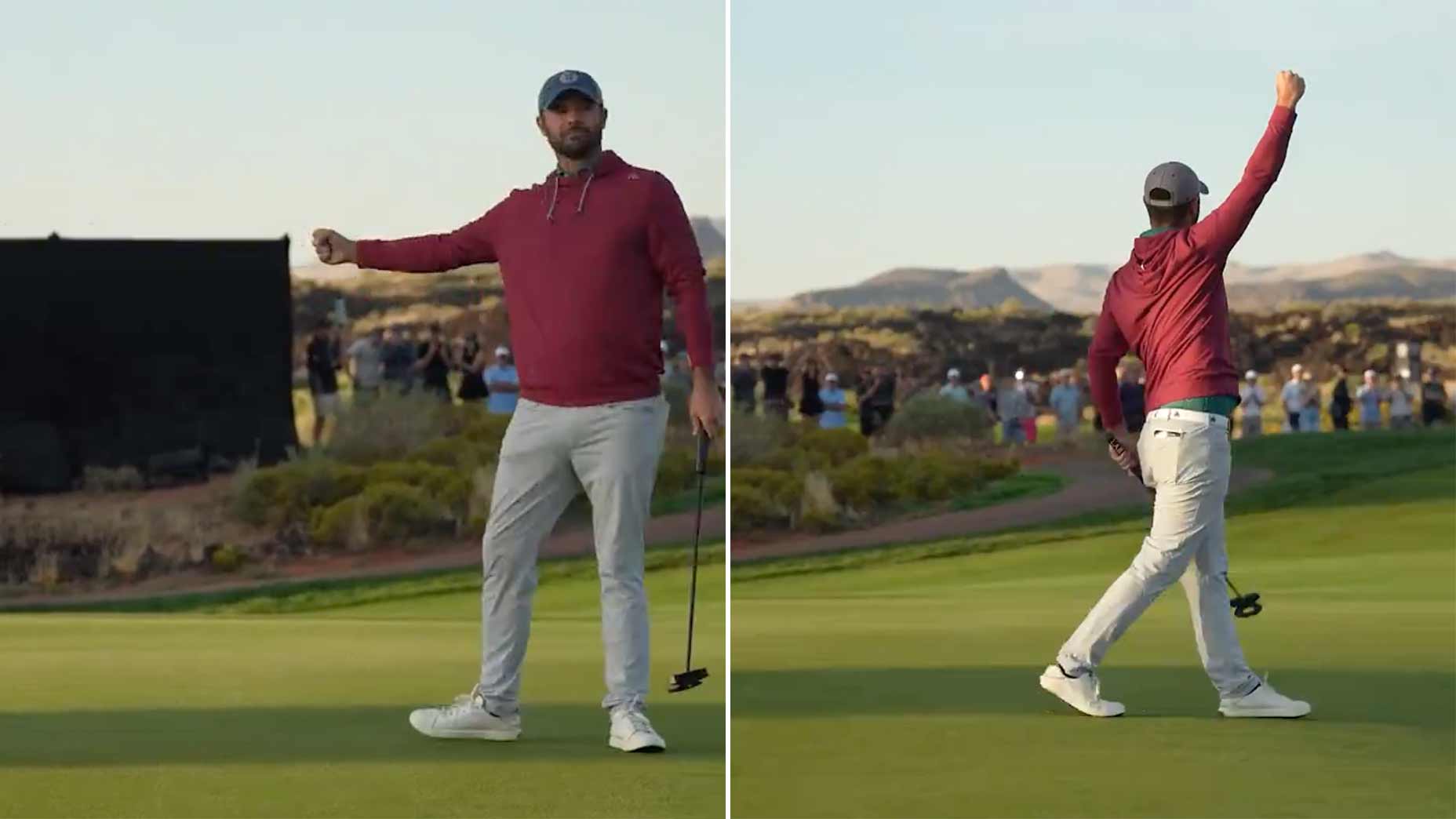 Separate photo Wesley Bryan celebrates a made putt at the Black Desert Championship.