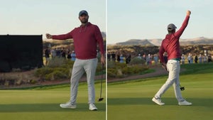 A split image Wesley Bryan celebrating a made putt at the Black Desert Championship.