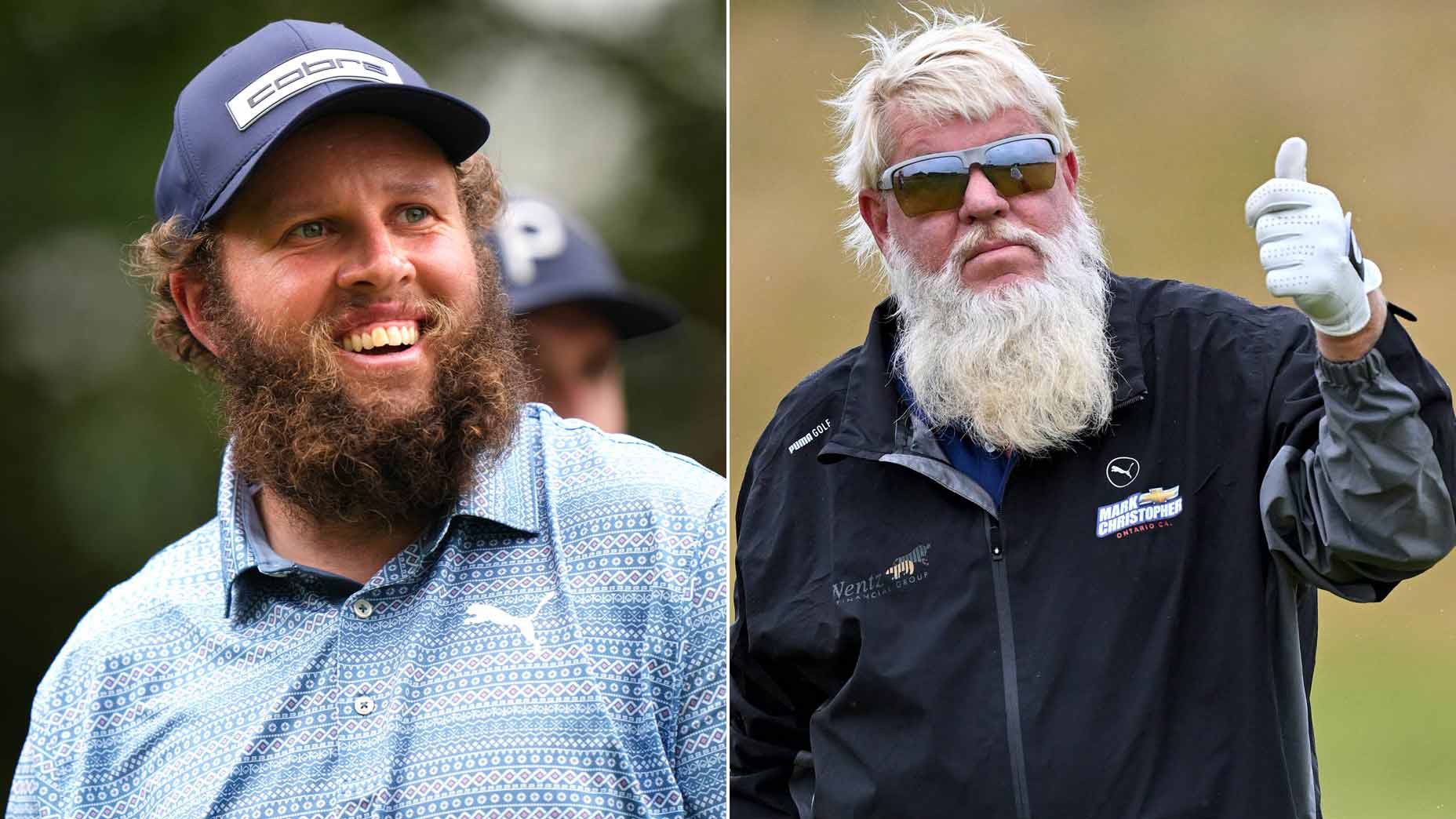 Split image of pro golfers Andrew "Beef" Johnston and John Daly.