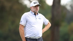 Pro golfer David Skinns prepares to putt on the eighth green during the first round of the 2024 Sanderson Farms Championship at the Country Club of Jackson.