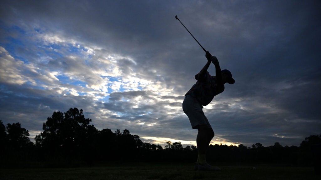 Maximus Cavazos of TExas warms up on the driving range before the final round of the PGA National High School Boys Invitational