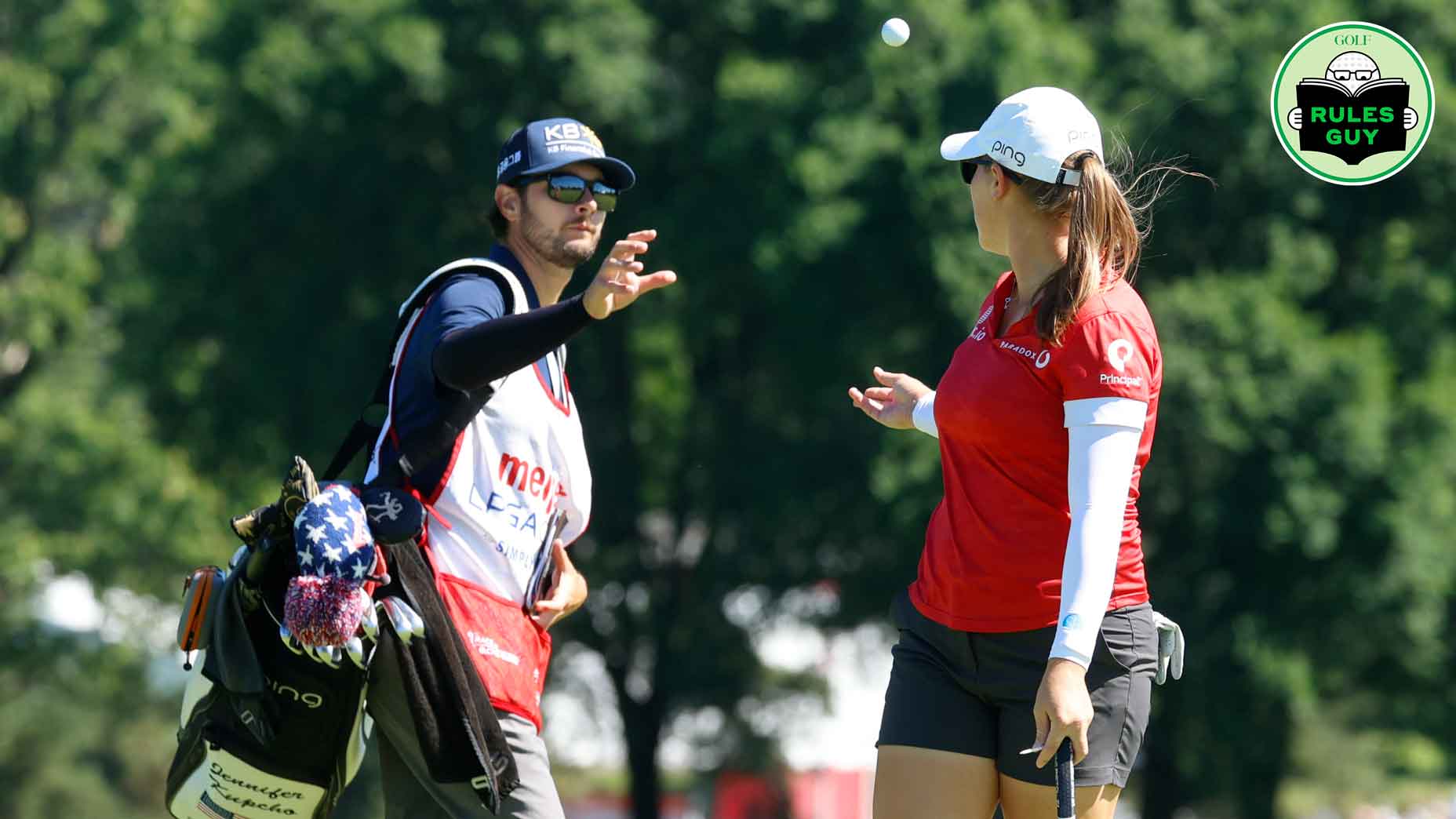 LPGA golfer Jennifer Kupcho threw the ball on her caddie on the second green of Meijer LPGA Classic on June 17, 2022, only available at the Blythefield Country Club in Grand Rapids, Michigan.