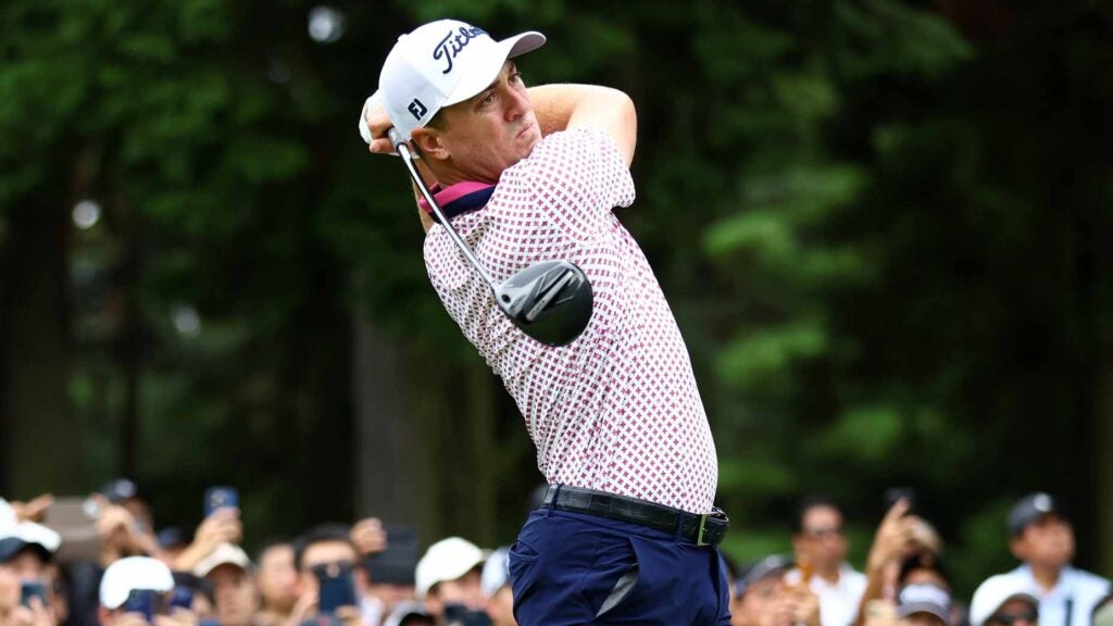 PGA Tour pro Justin Thomas hits his tee shot on the 11th hole during the first round of the 2024 Zozo Championship at Accordia Golf Narashino Country Club.