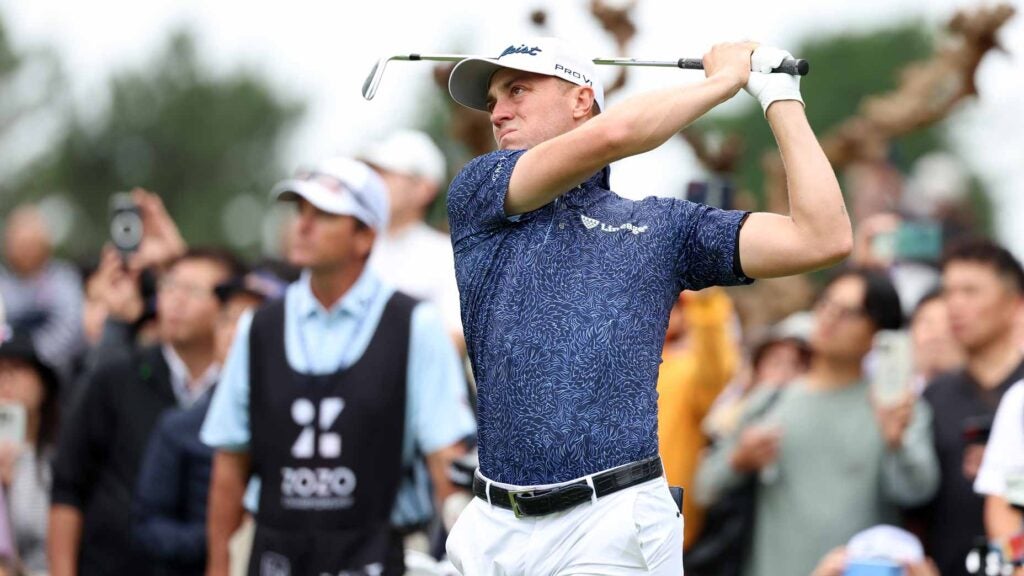 PGA Tour pro Justin Thomas hits his tee shot on the 3rd hole during the second round of the Zozo Championship 2024 at Accordia Golf Narashino Country Club.