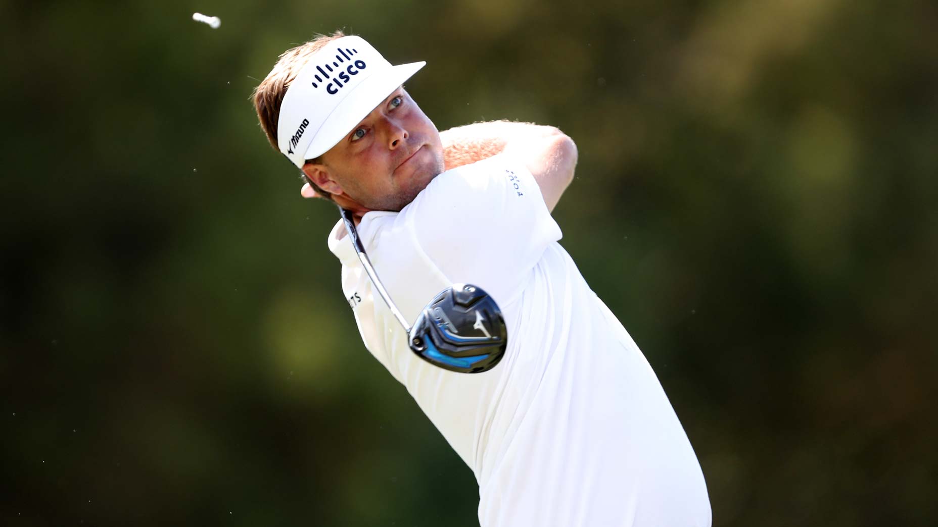 Pro golfer Keith Mitchell plays his shot from the third tee during the final round of the 2024 Sanderson Farms Championship at the Country Club of Jackson on October 06, 2024.