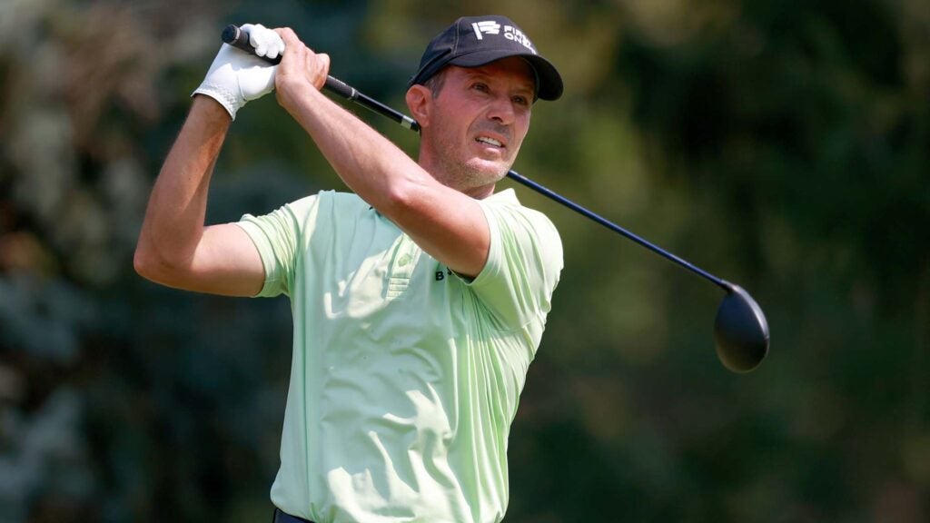 Pro golfer Mike Weir hits from the 2nd tee during the final round of the 2024 Ally Challenge presented by McLaren at Warwick Hills Golf & Country Club.