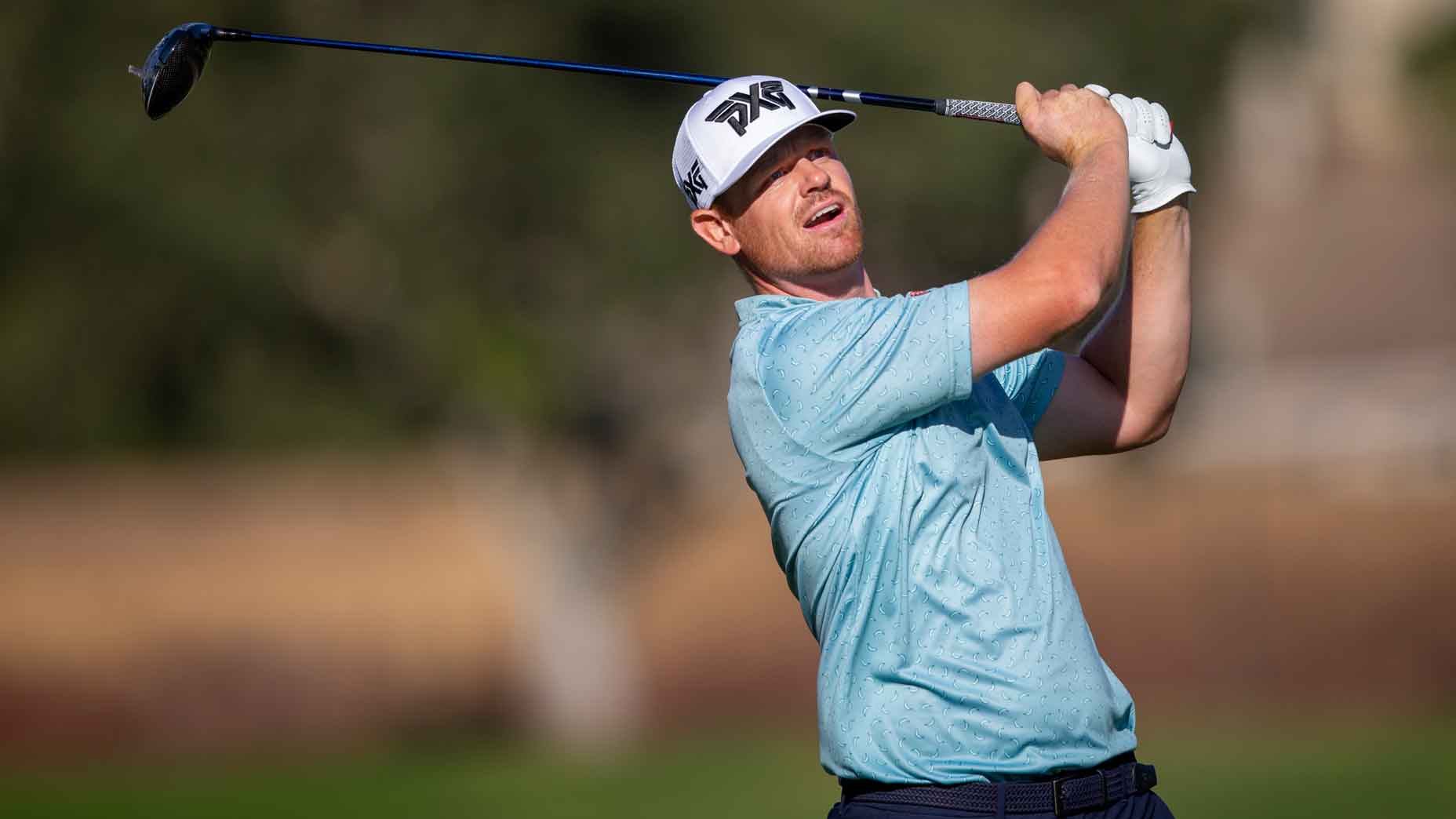 Patrick Fishburn of the United States tees off on hole #15 during the third round of the Procore Championship 2024 at Silverado Resort on September 14, 2024 in Napa, California.