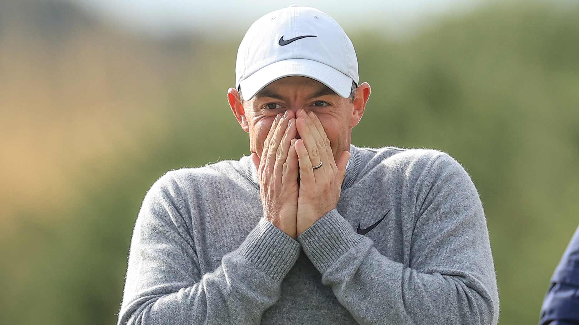 Pro golfer Rory McIlroy walks off the tee on the first hole on day two of the 2024 Alfred Dunhill Links Championship at Kingsbarns Golf Club.