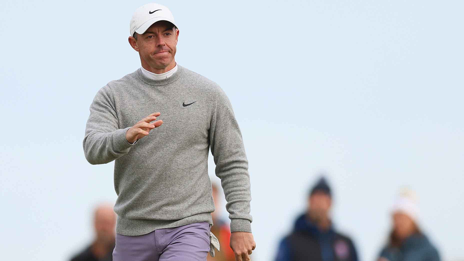 Rory McIlroy of Northern Ireland acknowledges the crowd during day two of the Alfred Dunhill Links Championship 2024 at Kingsbarns Golf Links on October 04, 2024 in St Andrews, Scotland.