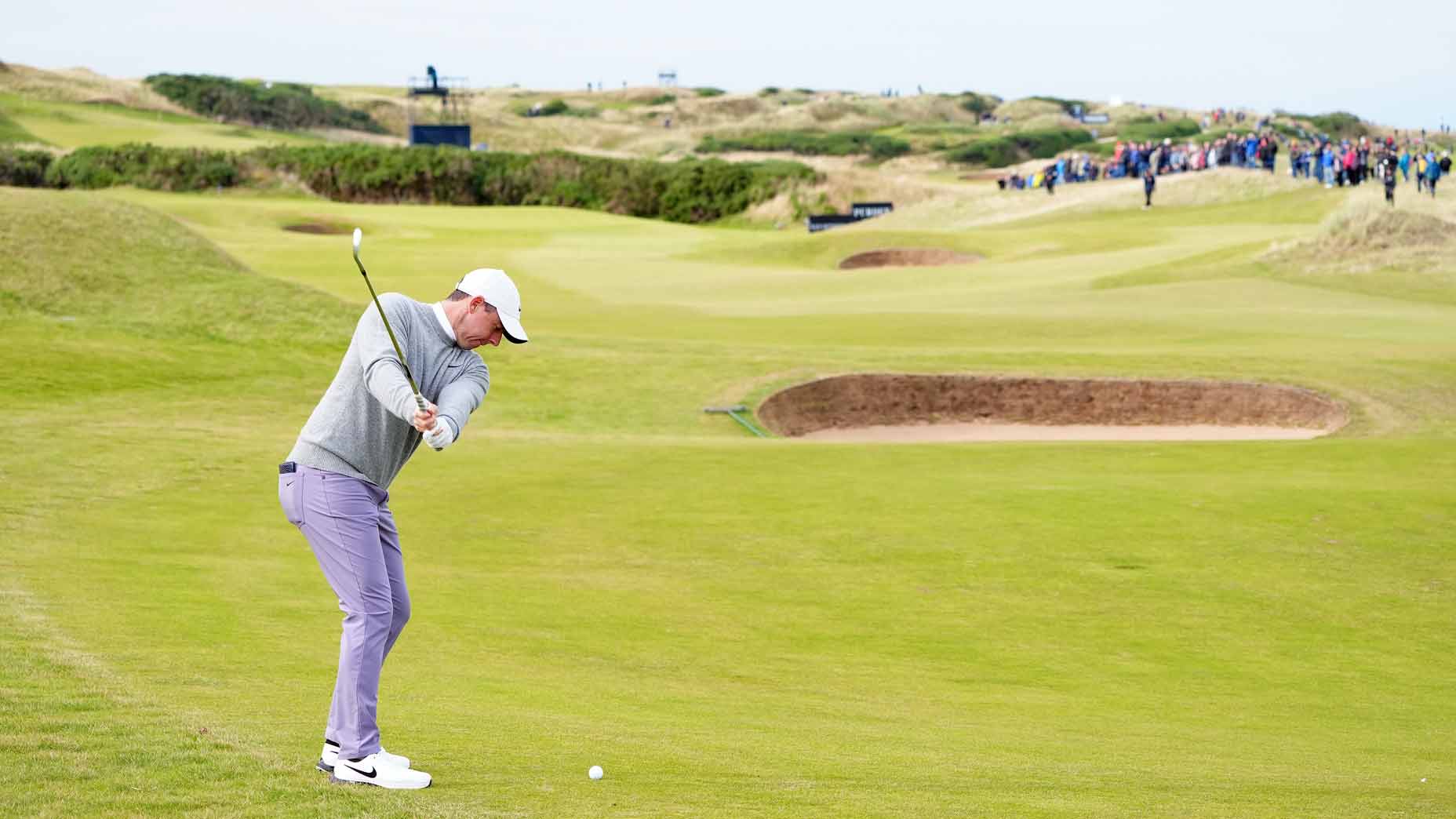 rory mcilroy hits a wedge during the 2024 dunhill links at kingsbarn