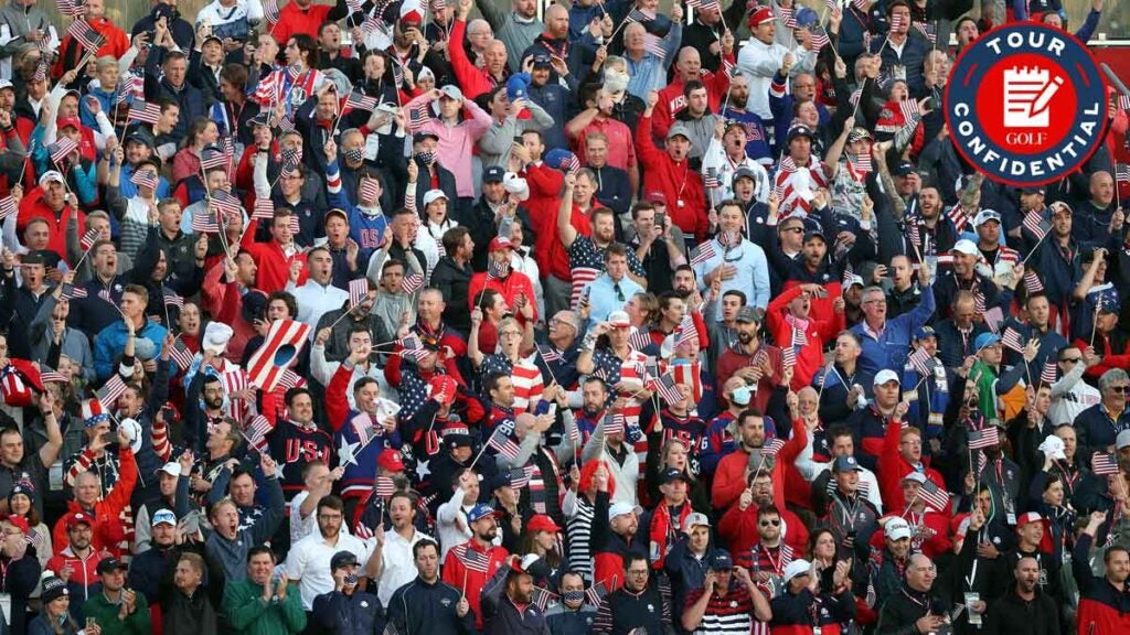 Fans cheer during Friday Morning Foursome Matches of the 43rd Ryder Cup at Whistling Straits