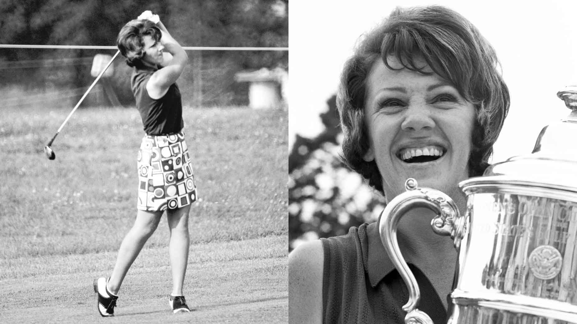 Susie Berning of the United States smiles as she holds the 1972 U.S. Women's Open Golf Championship Trophy on July 2, 1972 at the Winged Foot Golf Club, East Course in Mamaroneck, New York. She finished at plus 11.