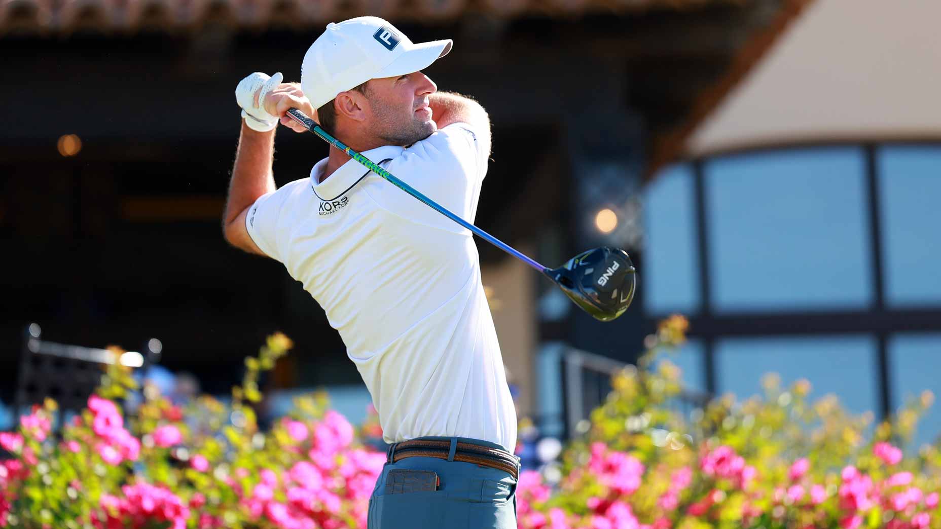 Austin Eckroat hits a tee shot at the World Wide Technology Championship.