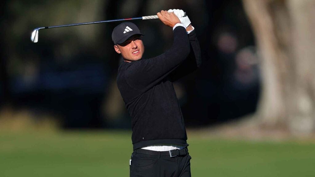 Ludvig Aberg of Sweden plays a shot on the ninth hole during the second round of The RSM Classic 2024 on the Plantation course at Sea Island Resort on November 22, 2024 in St Simons Island, Georgia.