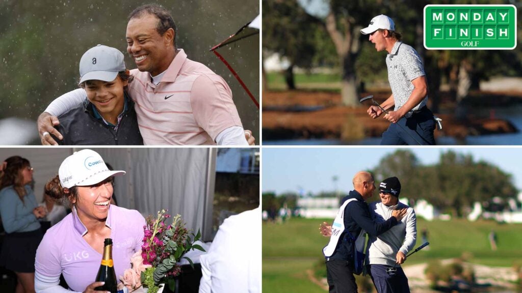 Charlie Woods, Tiger Woods, Maverick McNealy, Joel Dahmen, Geno Bonnalie and Marina Alex (clockwise from top left).