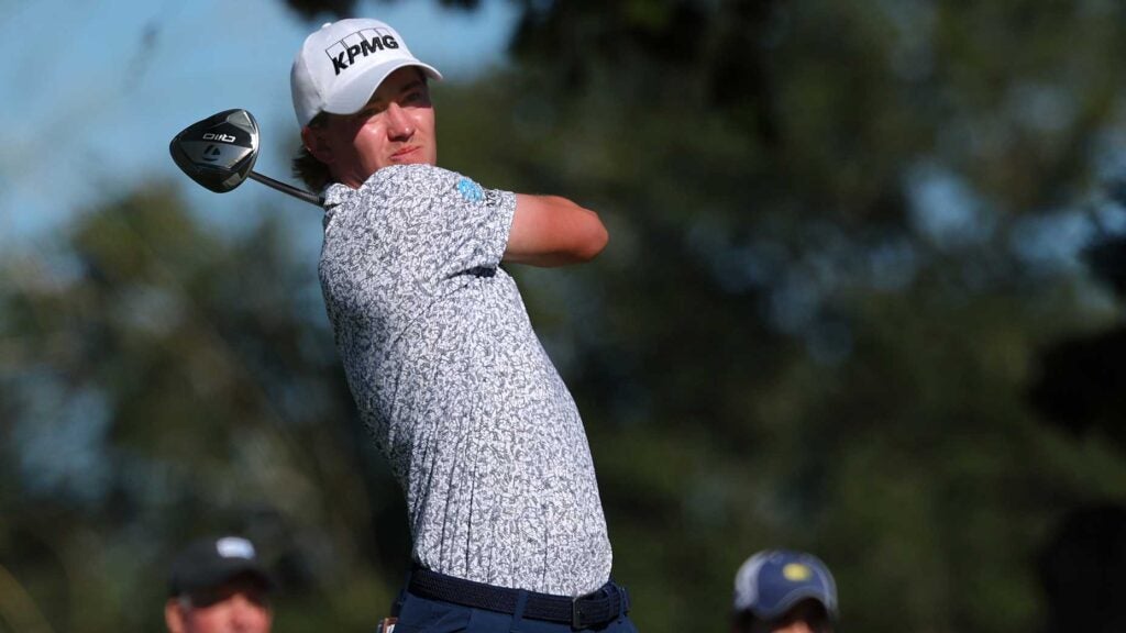 Maverick McNealy plays a drive at the RSM Classic.