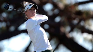 Nelly Korda of the United States plays her shot from the fifth tee during the third round of The ANNIKA driven by Gainbridge at Pelican 2024 at Pelican Golf Club on November 16, 2024 in Belleair, Florida.