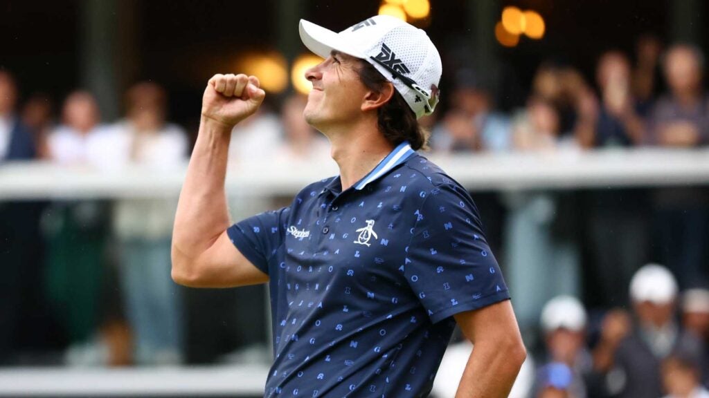 PGA Tour pro Nico Echavarria celebrates winning the tournament on the 18th green during the final round of the 2024 Zozo Championship at Accordia Golf Narashino Country Club.