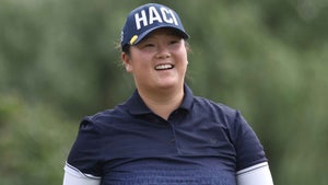 Angel Yin of the United States react on the first hole during the first round of the Buick LPGA Shanghai at Shanghai Qizhong Garden Golf Club