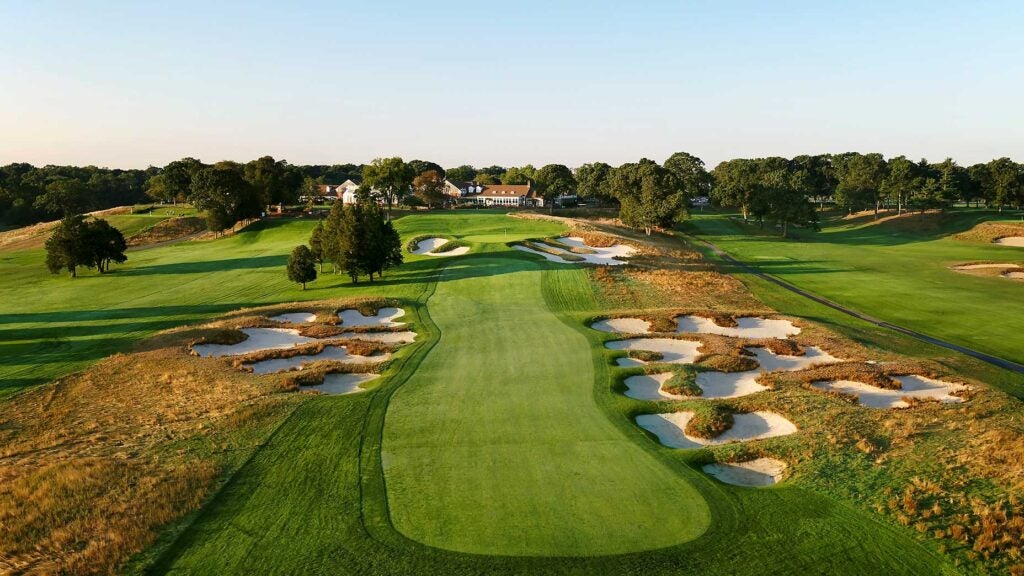 an overhead shot of the 18th hole at Bethpage Black in the late afternoon sun