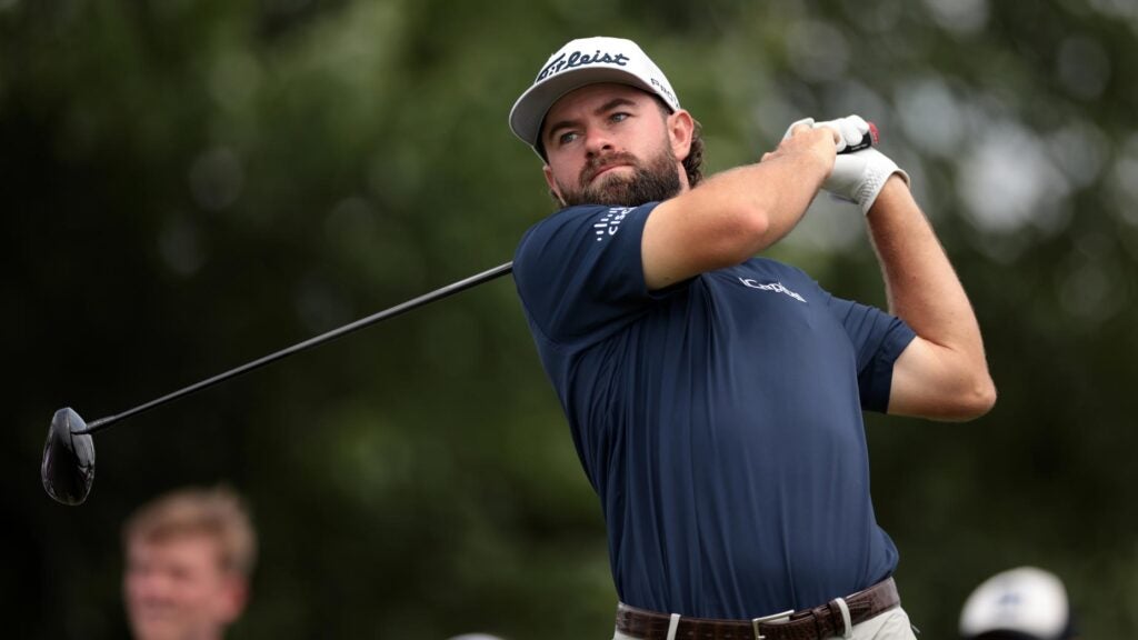 PGA Tour pro Cameron Young plays his shot from the second tee during the final round of the 2024 Travelers Championship at TPC River Highlands.